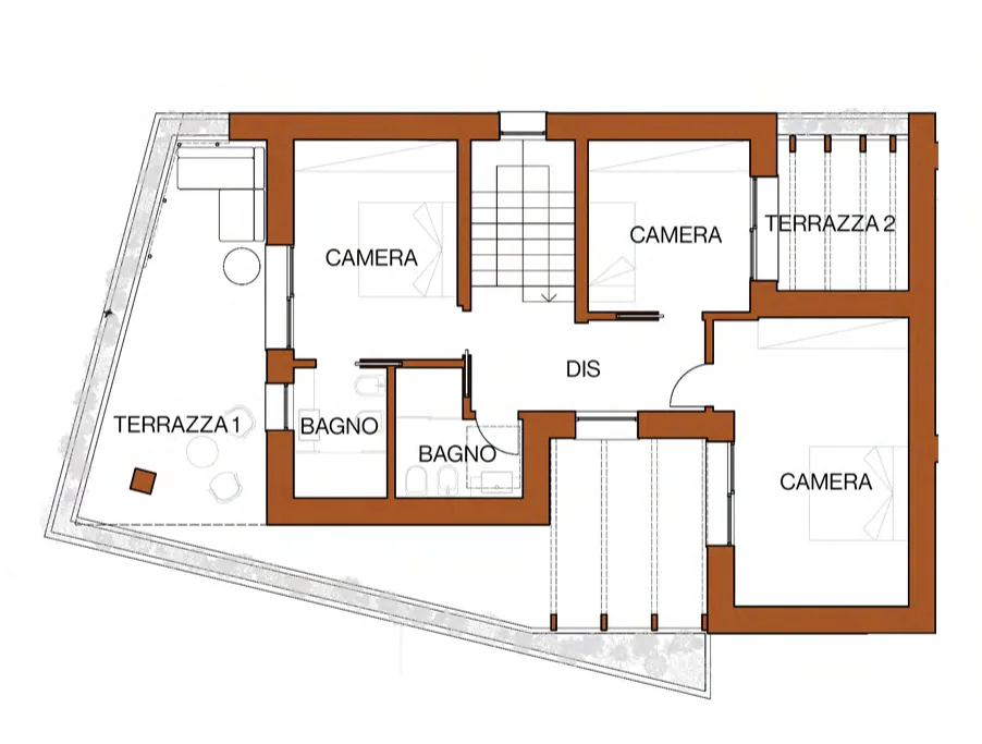 Pianta del piano primo della Villa 01. Al piano primo: tre camere, disimpegno, due bagni, loggia e due terrazze.