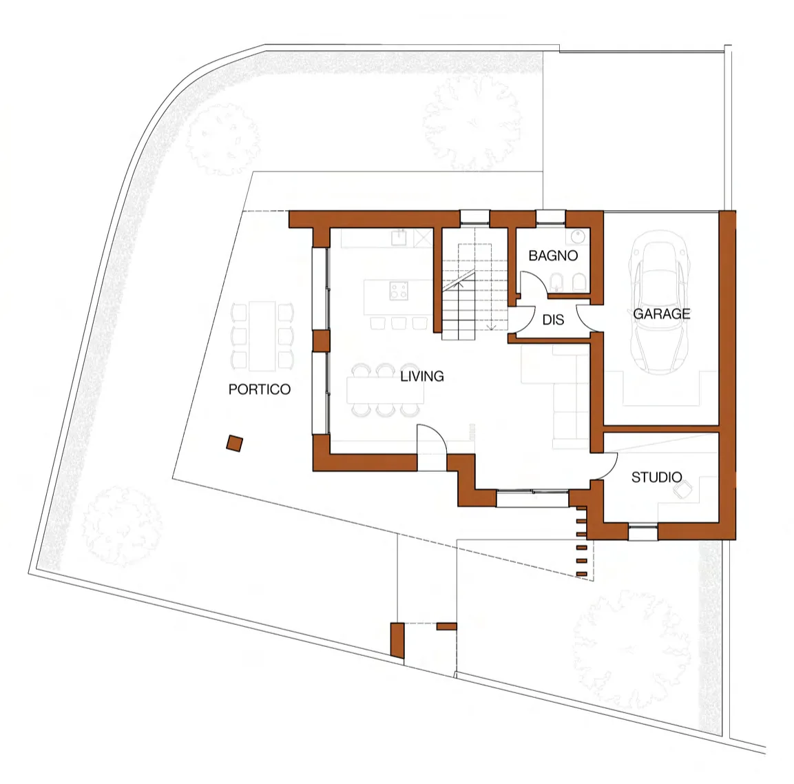 Pianta del piano terra della Villa 01. Al piano terra: living, portico, bagno, disimpegno, garage e studio.